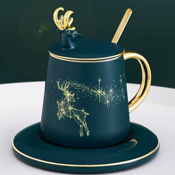 

3D Nordic Mugs Ceramic Gold Luxury Creative Coffee Cup Wedding Lid Coasters Couple Stirring Cups Posavasos Mugs Set AB50CU