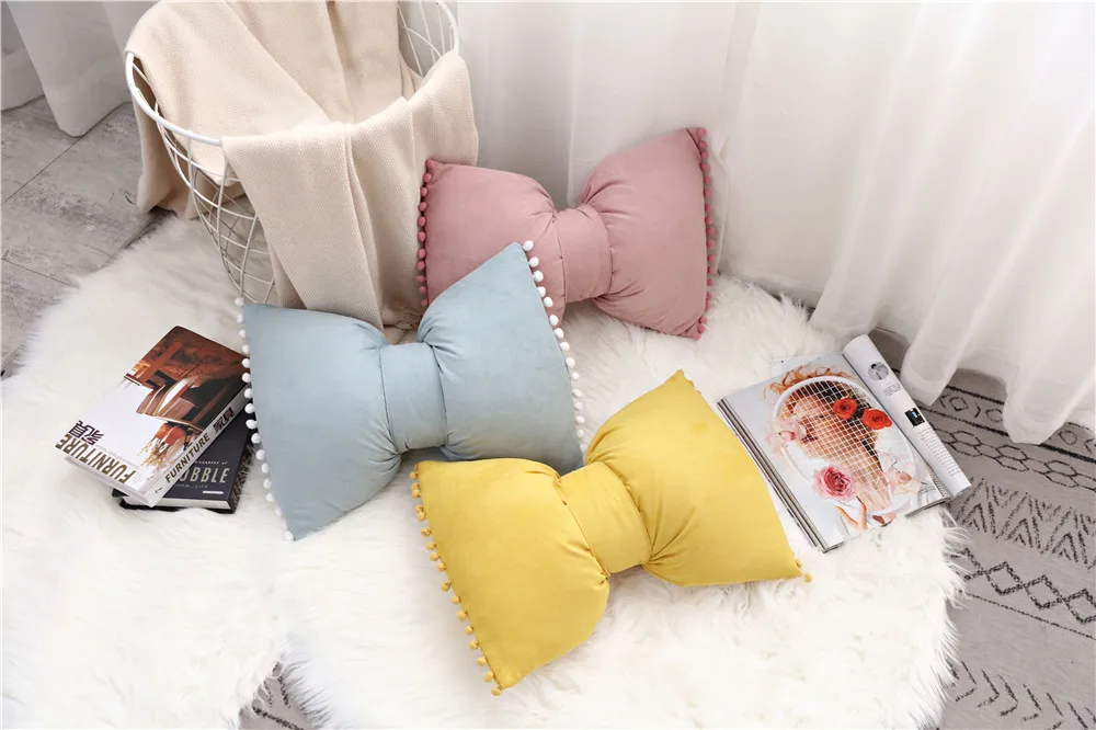 Cilected подушка с милым бантом в скандинавском стиле, одноцветная подушка для кресла принцессы, дивана, декоративные подушки с помпоном