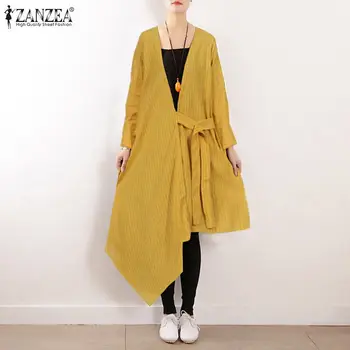 

2020 ZANZEA Vintage Long Shirt Women Tops and Blouses Casual Cotton Linen Asymmetrical Blusas Button Belt Stripe Tunic Plus Size