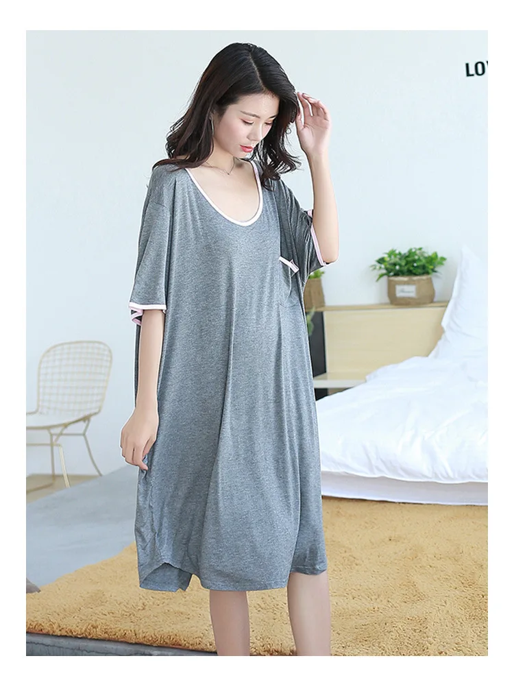 Shorha Summer large O-Neck Sexy Backless Sleepwear Lounge Women's Sexy Nightgown Pregnant Nightdress Plus Size Loose Pajamas - Цвет: Серый