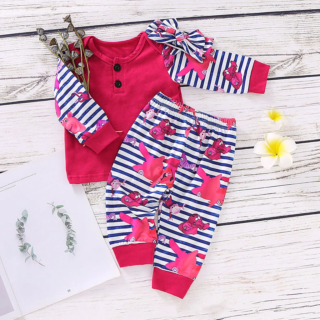 Комплект одежды для новорожденных девочек, футболка с цветочным принтом топы+ штаны в полоску с рисунком+ повязка на голову, одежда для малышей meisje kleding#2