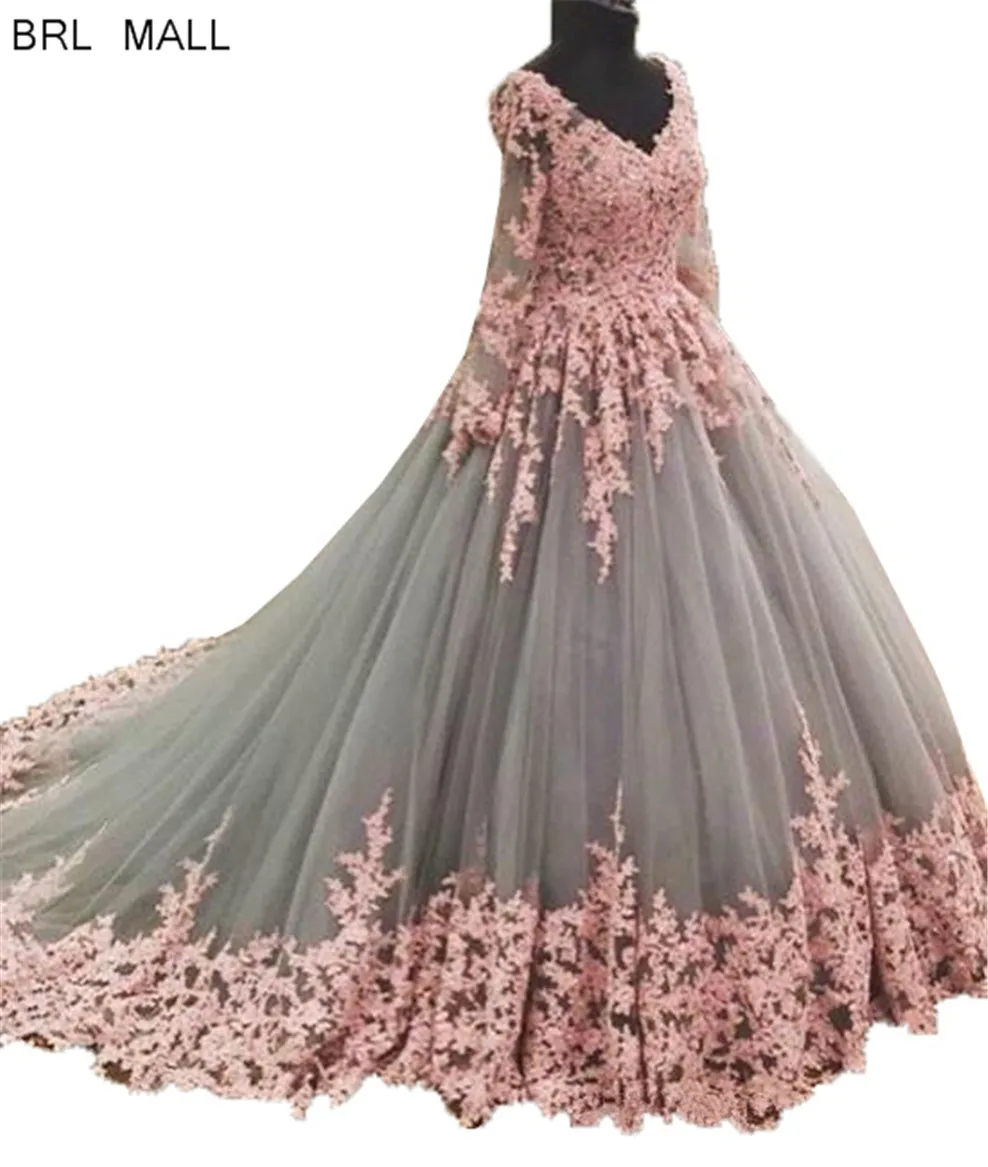 Robes de marieue Розовые аппликации красочные свадебные платья трапециевидной формы с длинным рукавом Африканские свадебные платья со шлейфом Свадебное платье