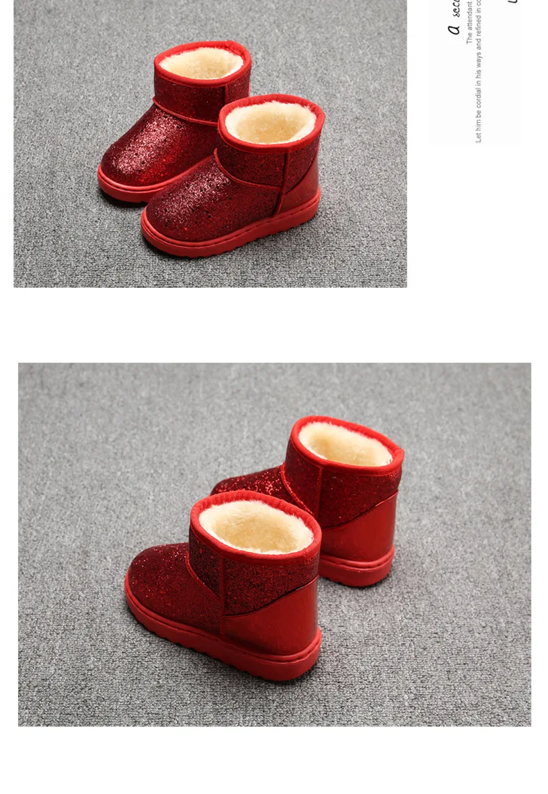 Новые детские ботинки зимние ботинки для девочек; блестящий хлопковая детская теплая обувь сапоги "Принцесса" детские кроссовки для мальчиков кожаные сапоги