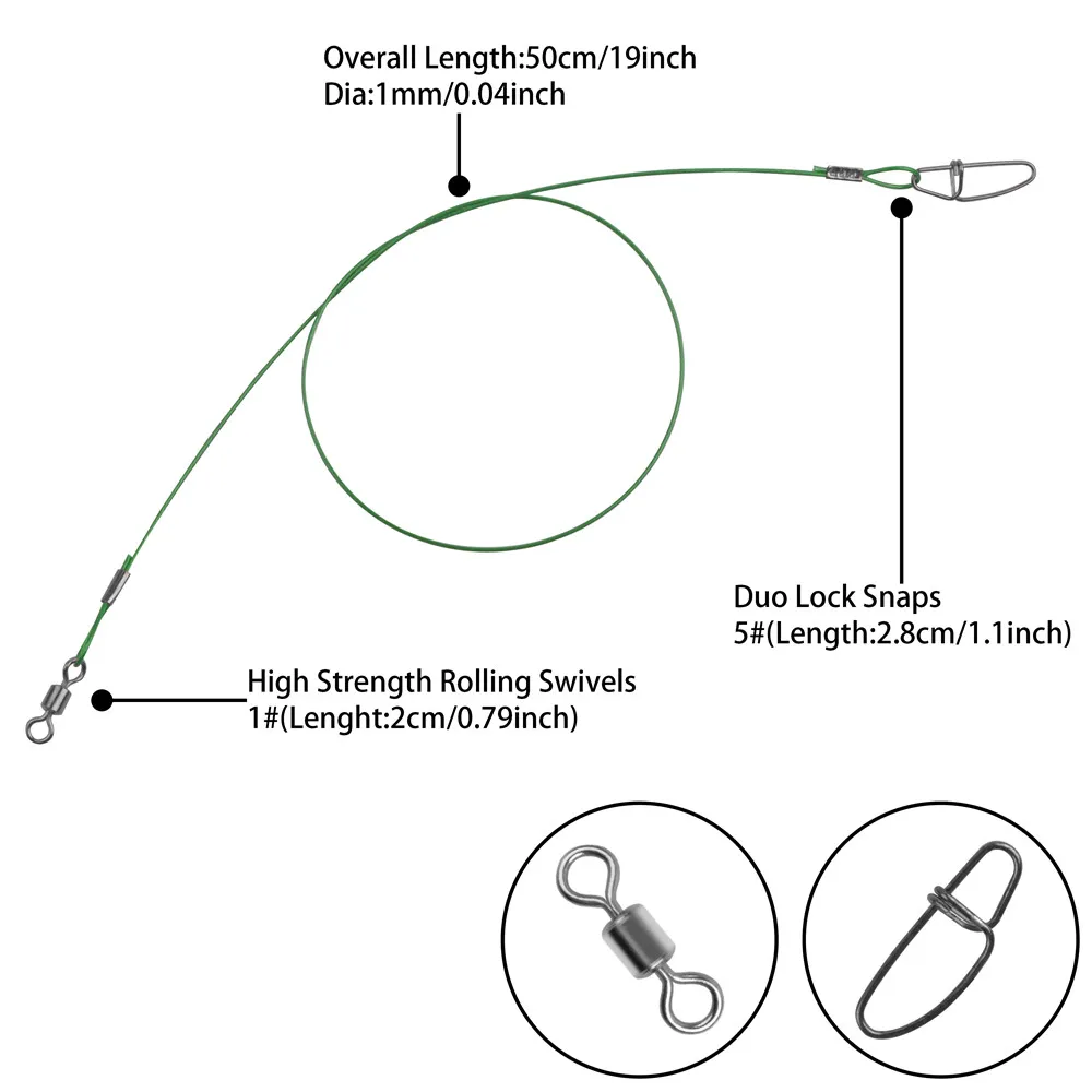 10Pcs 50cm Steel Wire Leader Fishing Line Leash 150Lbs/68kg With Swivel Anti bite Leader Line Carp Fishing Tackle Fishing Line Fishing Tackle Fishing Leashes