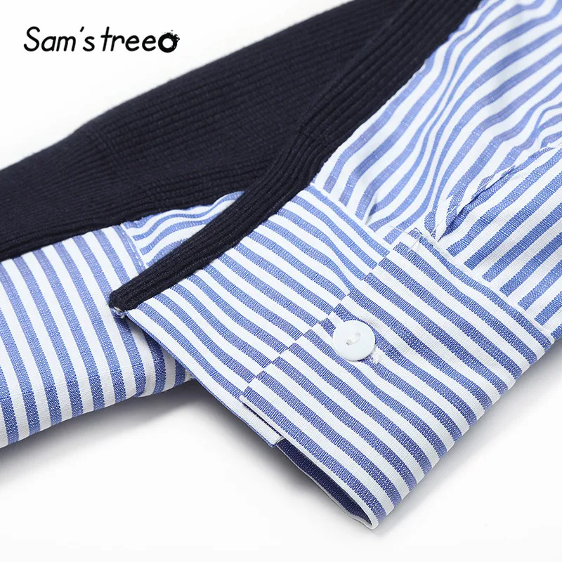SAM'S TREE/синие полосатые женские топы в минималистическом стиле, осень, повседневные женские блузы с пуговицами с длинным рукавом в стиле пэчворк