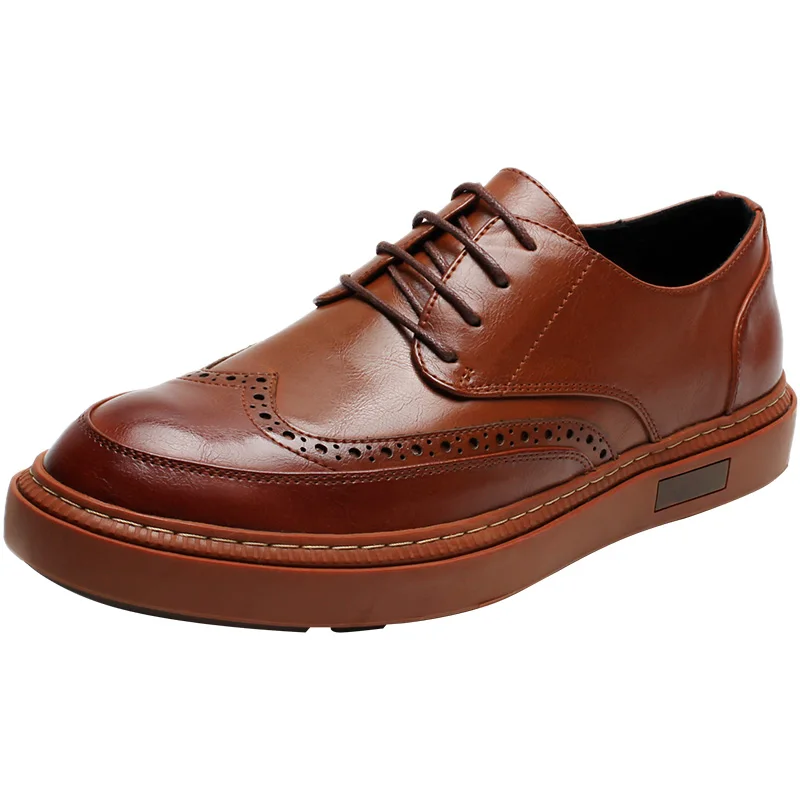ZSAUAN Мужская Новая повседневная обувь для молодых мужчин дышащая кожаная резиновая обувь Нескользящая Мужская обувь с перфорацией типа «броги» на шнуровке - Цвет: Brown