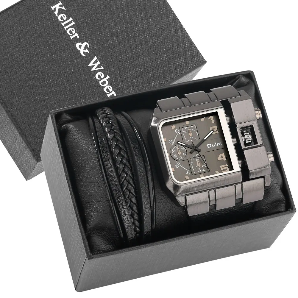 

Oulm Square Super Big Dial Wide Strap Men's Quartz Watch Luxury Brand Male Bracelet Casual Wristwatch Gift Box Set Montre Homme