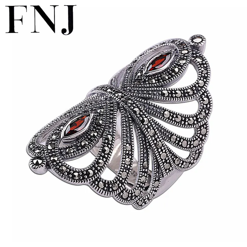 

FNJ 925 Silver Ring MARCASITE Statement Red Zircon Original S925 Sterling Silver Rings for Women Jewelry Adjustable Size