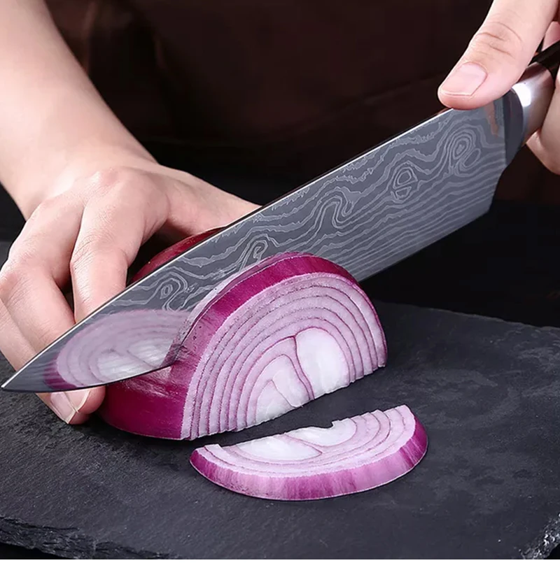 XYJ набор кухонных ножей 6 шт. лезвия Дамасские лазерные наборы шеф-ножей Santoku утилита для очистки овощей Кухонные инструменты аксессуары наборы ножей