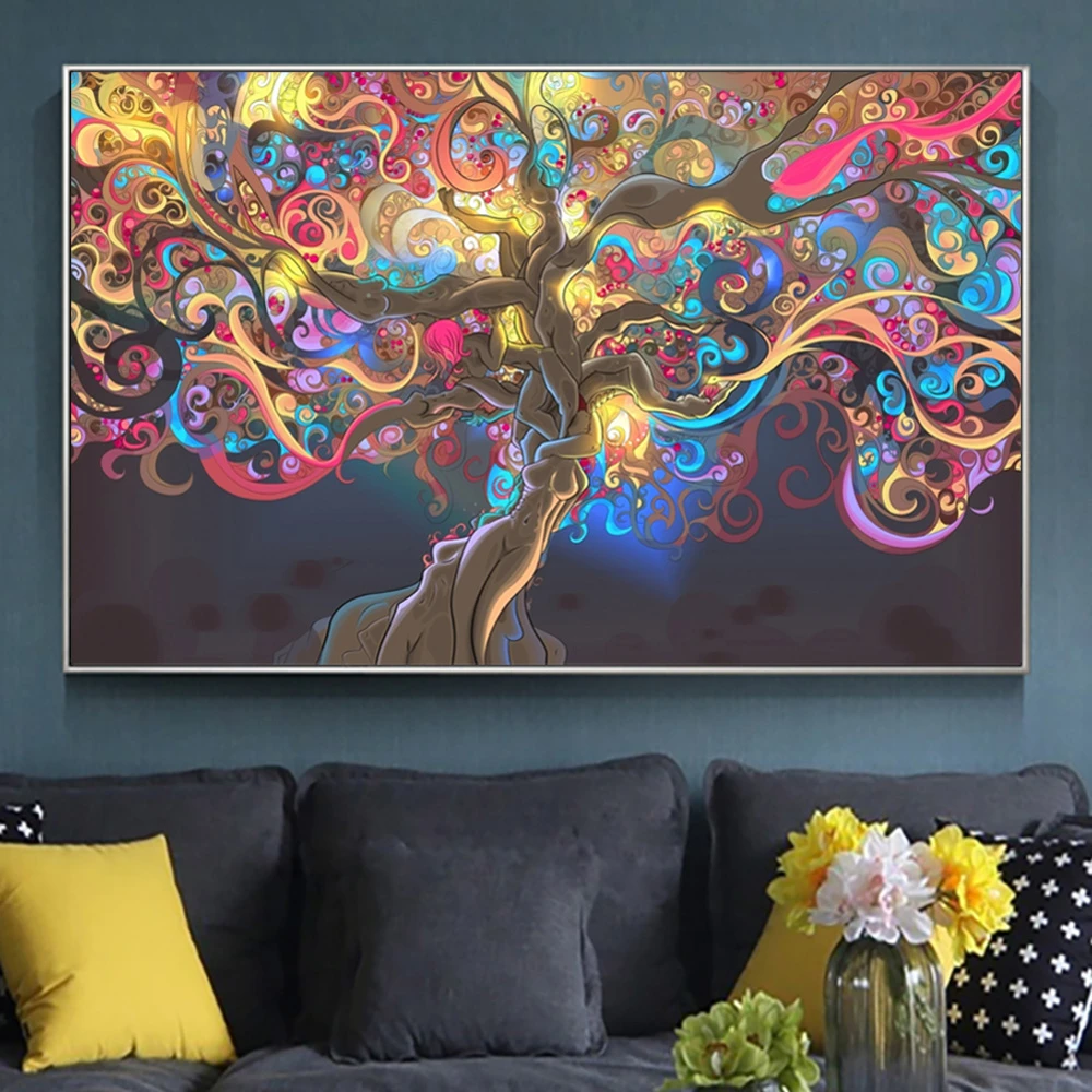Abstract Psychedelic Trippy Tree Canvas Painting Art On Wall Decor Poster  And Prints Cartoon Picture For Living Room Cuadros - Painting & Calligraphy  - AliExpress