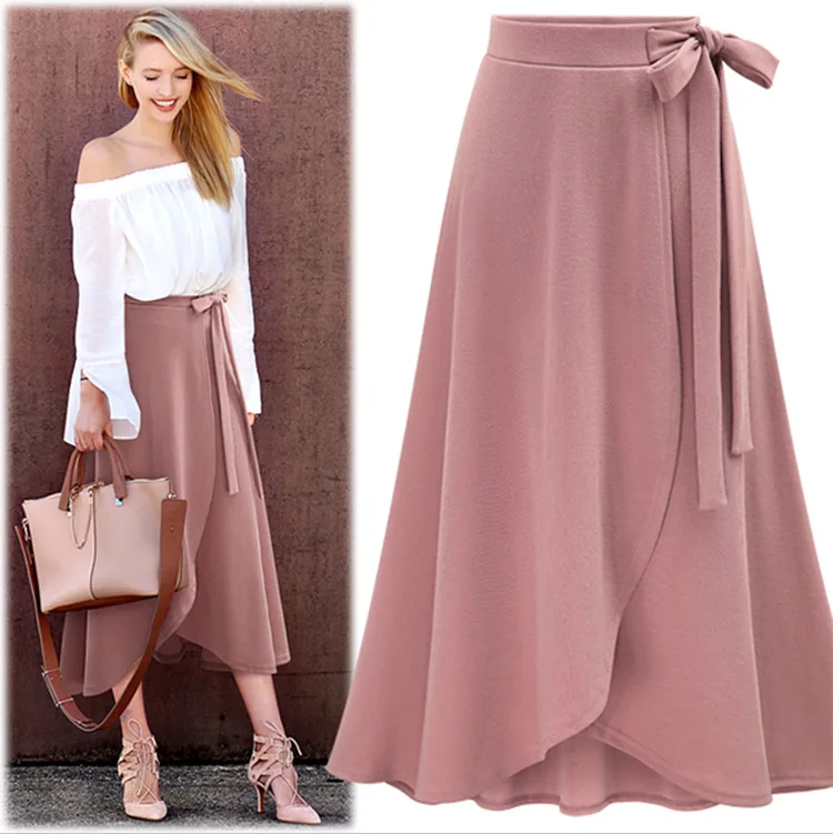 M-2XL Women's Bohemian Irregular Bow Skirt Lady Autumn Versatile Long Skirt Fashion Elegant Ladies Midi Skirts Pink Black Green crop top with skirt