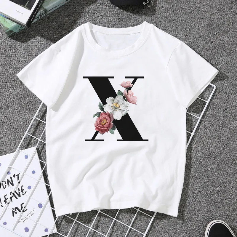 A B C D E English Alphabet Print T Shirt Women 2020 New Summer Couples Lovers Female T-Shirt Harajuku Casual White Tops Tshirt