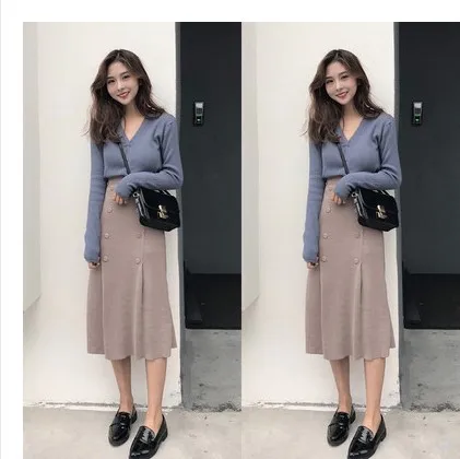 

Vintage 2019 V Neck Women's Sets High Waist Knit A-line 2 Pcs Set Plus Size Korean Double Breasted Fashion Two Piece Set