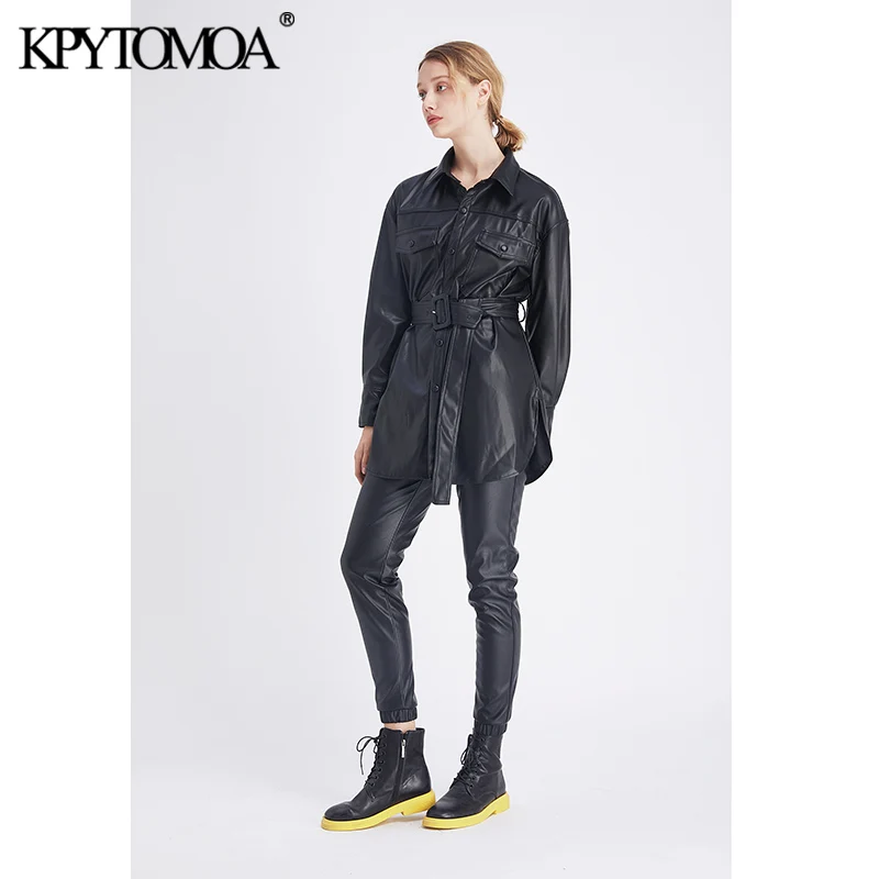 Винтажная стильная куртка из искусственной кожи с поясом, пальто для женщин, модная верхняя одежда из искусственной кожи с длинным рукавом и карманами по бокам, шикарные топы