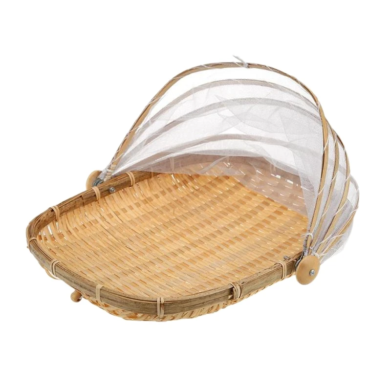 

ABUI-Handmade Woven Bug Proof Basket Dustproof Picnic Basket Fruit Vegetable Bread Cover Basket with Gauze