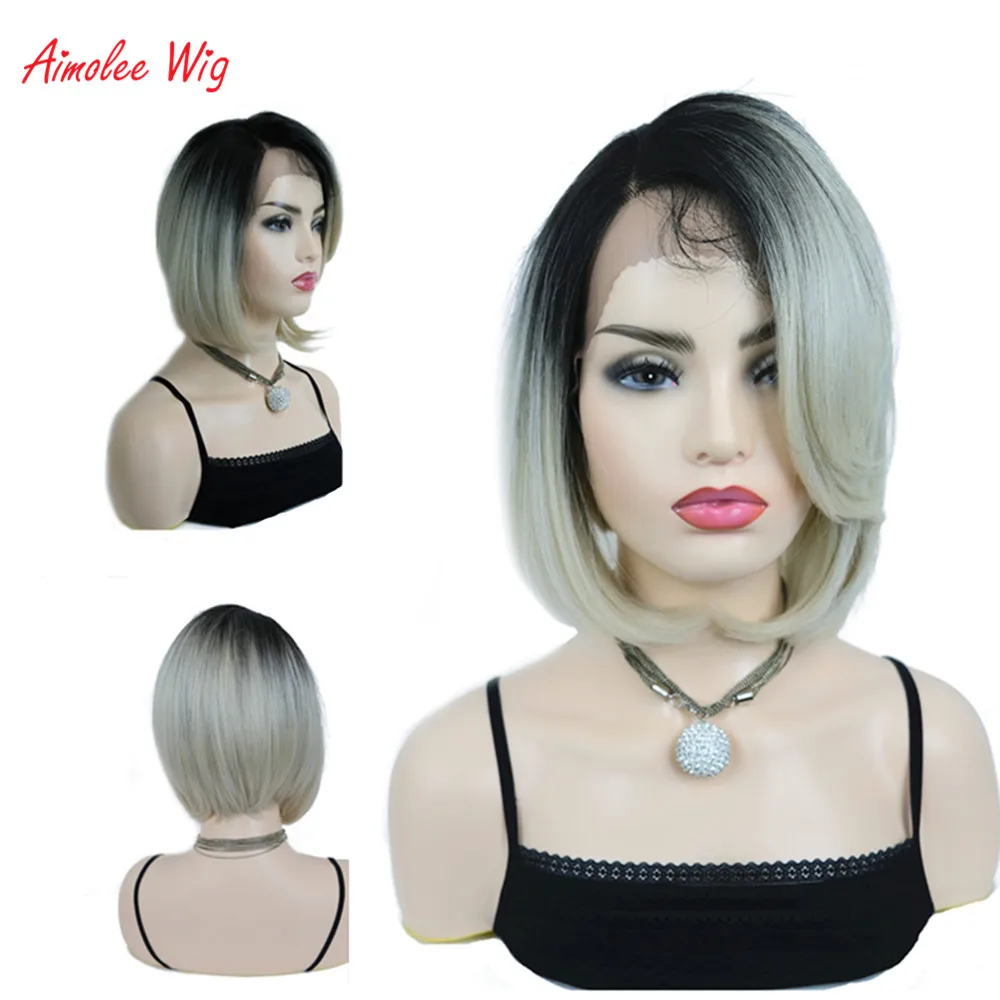 

Aimolee Short Straight Lace Front Bob Wigs for Wome Synthetic Hair Ombre Wigs With Baby Hair Gray/Black