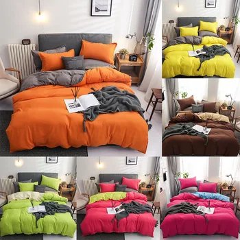 

4pcs Solid AB Printing Bedding Sets Orange Gray Yellow Brief Adult Bedclothes Duvet Cover Bed Sheet Pillowcases Single