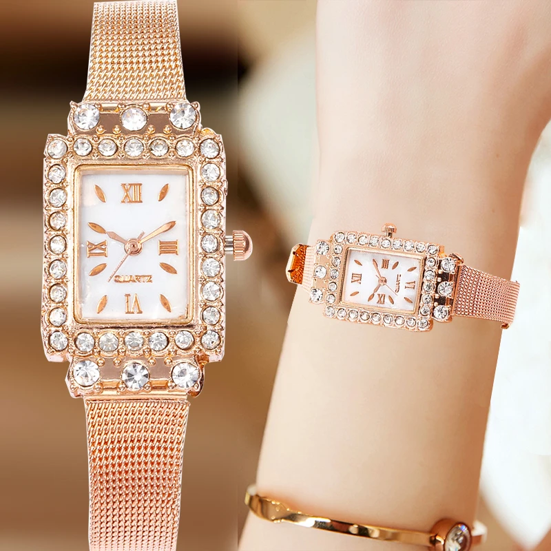 

2020 latest rose gold unique square dial crystal bracelet ladies fine mesh belt pin buckle watch female quartz metal clock
