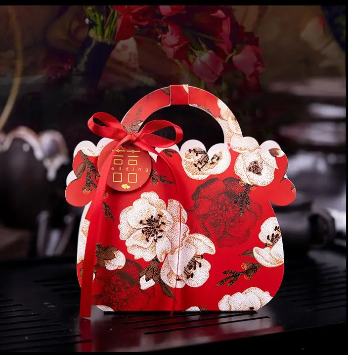 50PCS Beautiful Flower Hand Bag paper Gift Box wedding Candy Box chocolate boxes Baby Shower Favor Box with ribbon