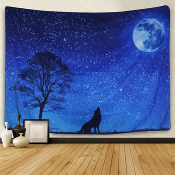 

Moon and Stars Tapestry Wall Hanging Wolf Starry Sky Galaxy Night
