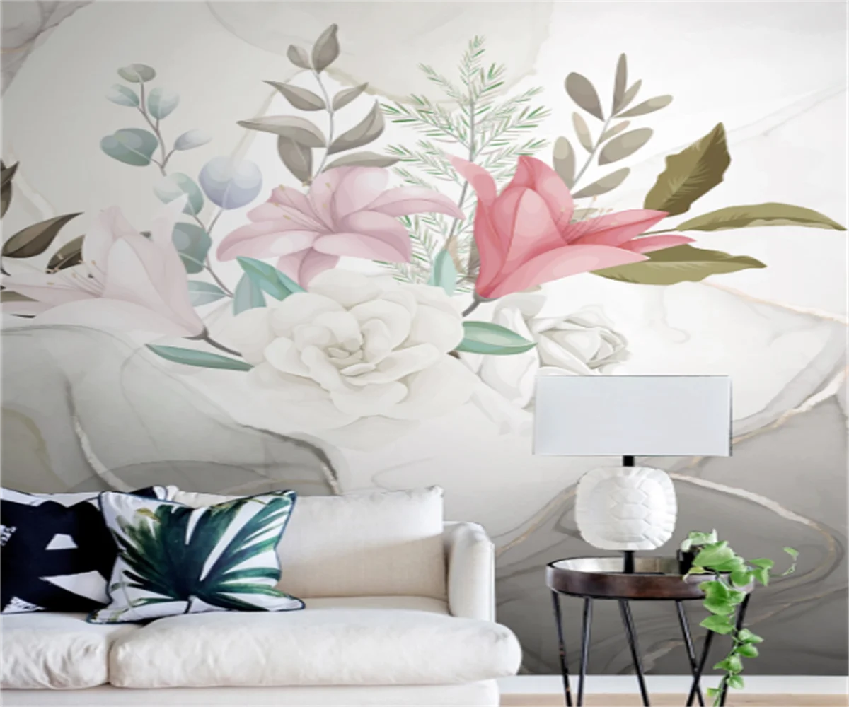 

Southeast Asia simple plant flower lily ink light luxury bedroom bedside background wallpaper custom photo wall sticker 3d mural