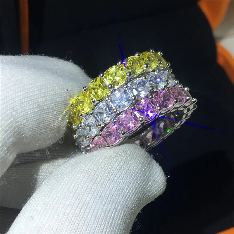 Eternity Cushion cut 4mm Topaz Cz ring Real 925 sterling silver Engagement Wedding Band Rings for women Bridal Party Jewelry silver ring wedding rings silver rings gemstone ring