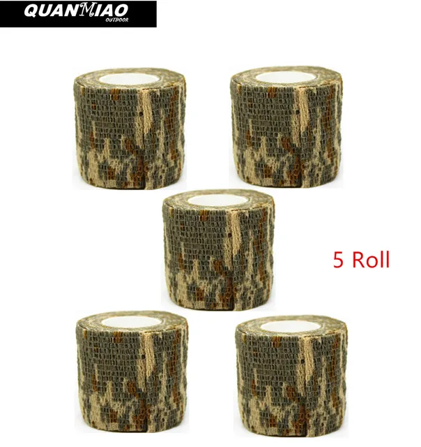 QuanMiao 5 Roll Camouflage Tape Self-adhesive Wrap Military Camo Stretch Bandage for Gun Rifle Camping Hunting Equipment 4Colour Desert Camo