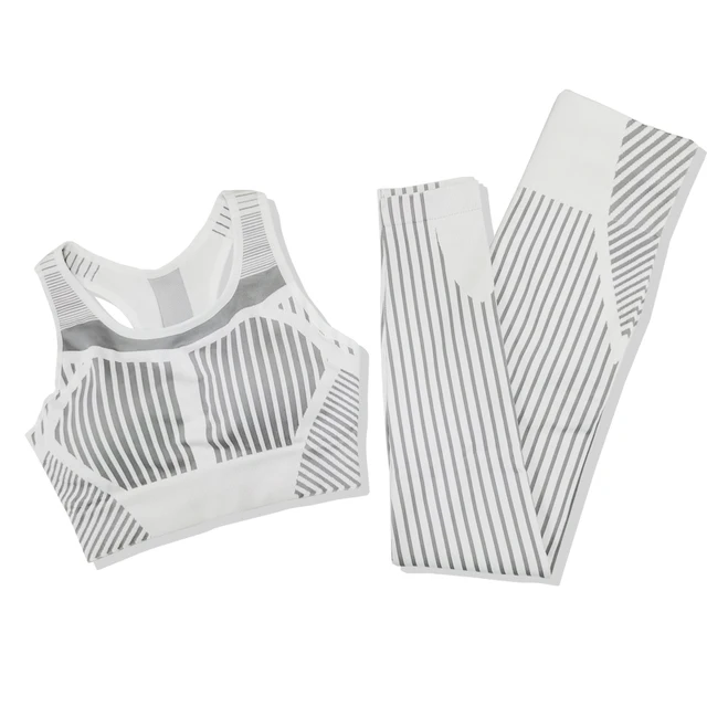 Strip Seamless Women Yoga Set for Fitness Sports Suits Gym Wear Clothing Running Top Bra Leggings Workout Pants Tracksuits,ZF449 White Fitenss Sets