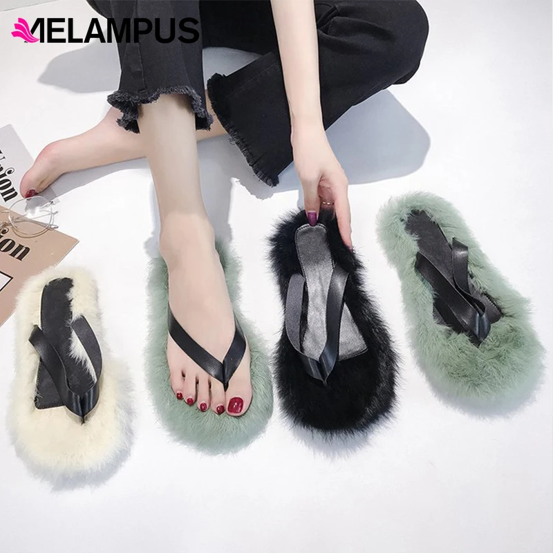 Модные тапочки их меха под кролика на плоской подошве; меховые тапочки; Zapatos De Mujer Ins; шлепанцы; женские Тапочки