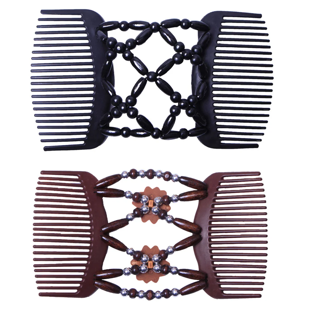 2Pcs Women Hair Slide Stretchy Double Hair Comb Clip Wood Beads Hair Styling