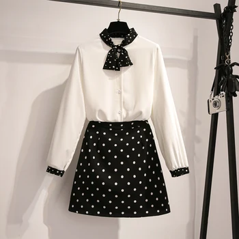 

2 Pieces Sets Women Blouse Skirts Polka Dot Suits Bow Hit color Shirts Elegant Lady Fashion Summer Spring skirt suit