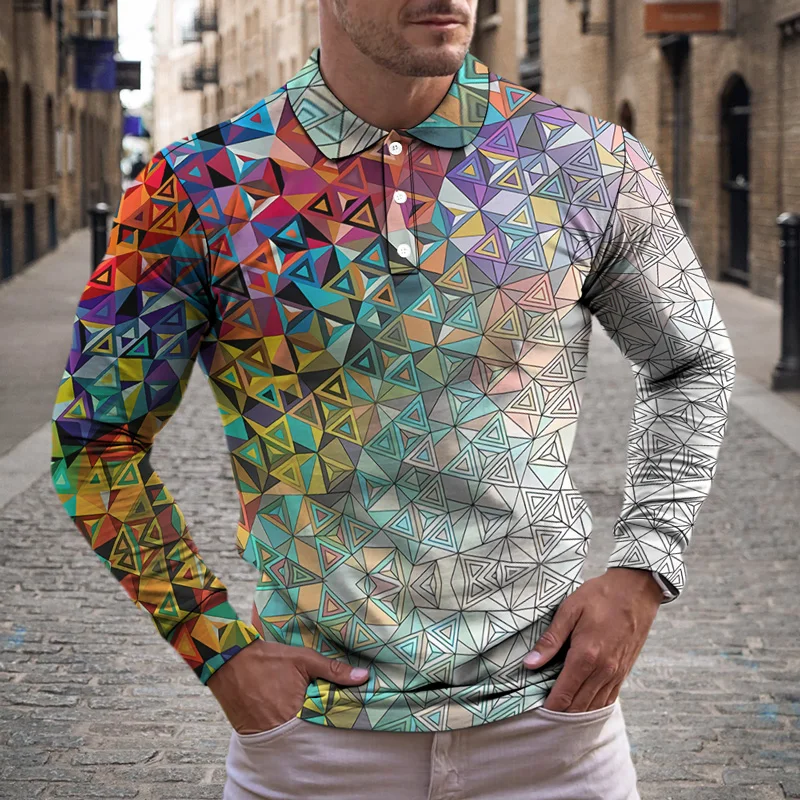 

Autumn Winter Men's Polo Long Sleeve Lapel Button 3D Print Gradient Multiple Colors Mature Man Top Pullover Casual Jog Style