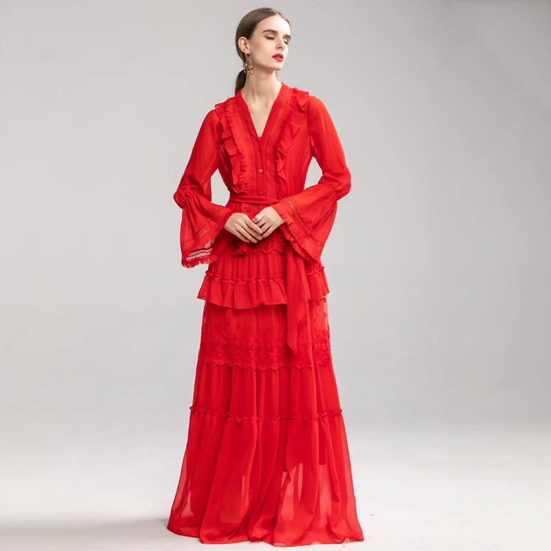 

VERDEJULIAY Runway Red Dress Women 2020 Spring Autumn High Quality Designer Ruffles Sexy V-Neck Belt Long Maxi Dress Vestidos