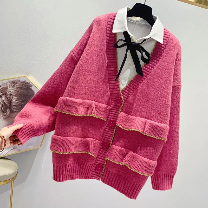 Розовый Fall New Medium and Long Lotus Leaf Edge Korean Version Loose Sweater Cardigan Coat Girl Long Sleeve Women Clothing - Цвет: Розовый