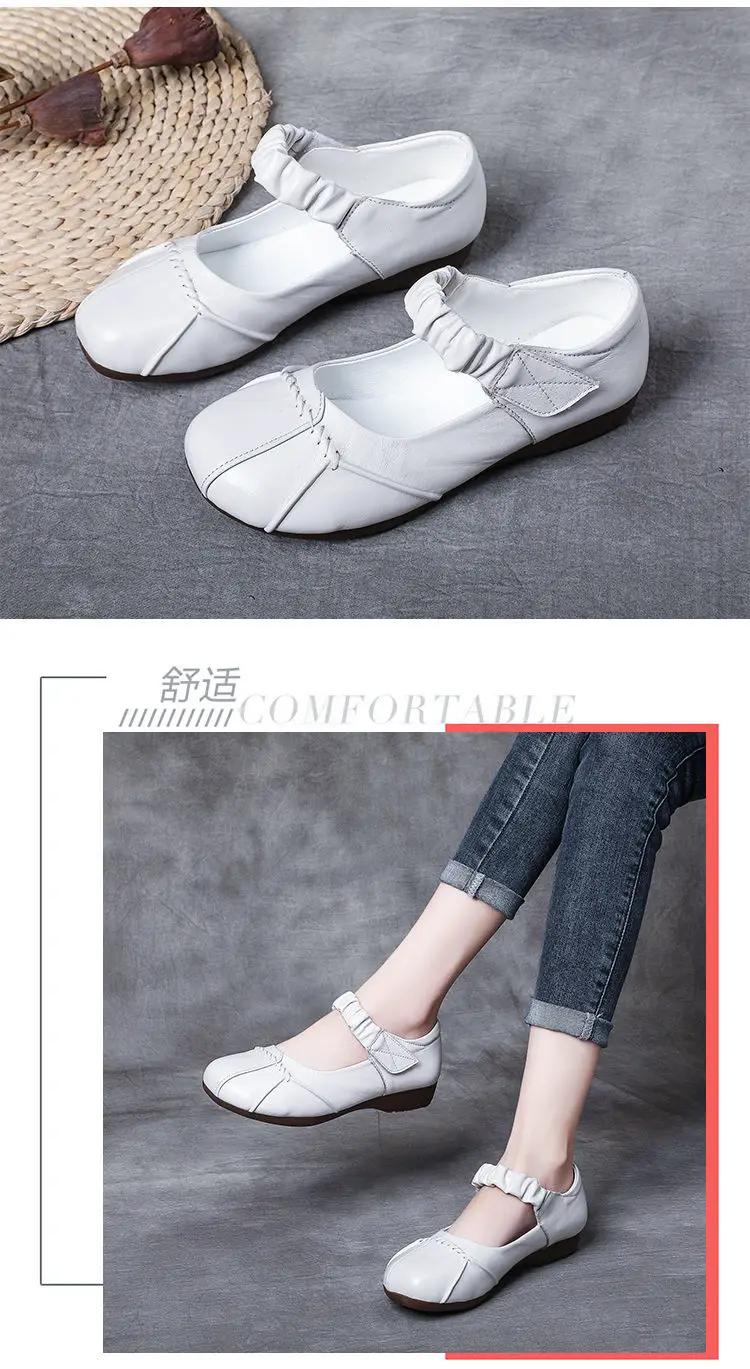 Plain White Mary Jane Shoes For Women Elastic Strap Ballet Flats Woman Dancing Shoes Autumn Loafers Ladies Genuine Leather Shoes