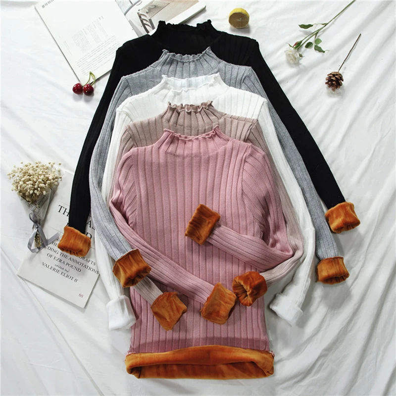 

Korean Sweaters Women Turtleneck Sweater Plus Velvet Warm Woman Thermal Thick Elastic Sweaters Women Long Sleeve Knit Sweater XL
