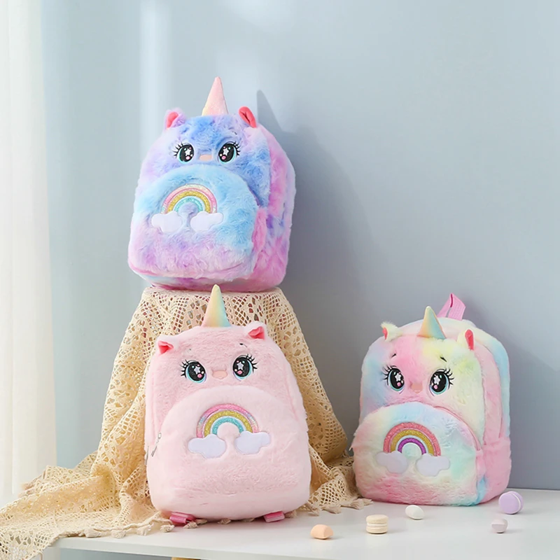 Furry Plush Rainbow Unicorn Winter Backpack For Kids