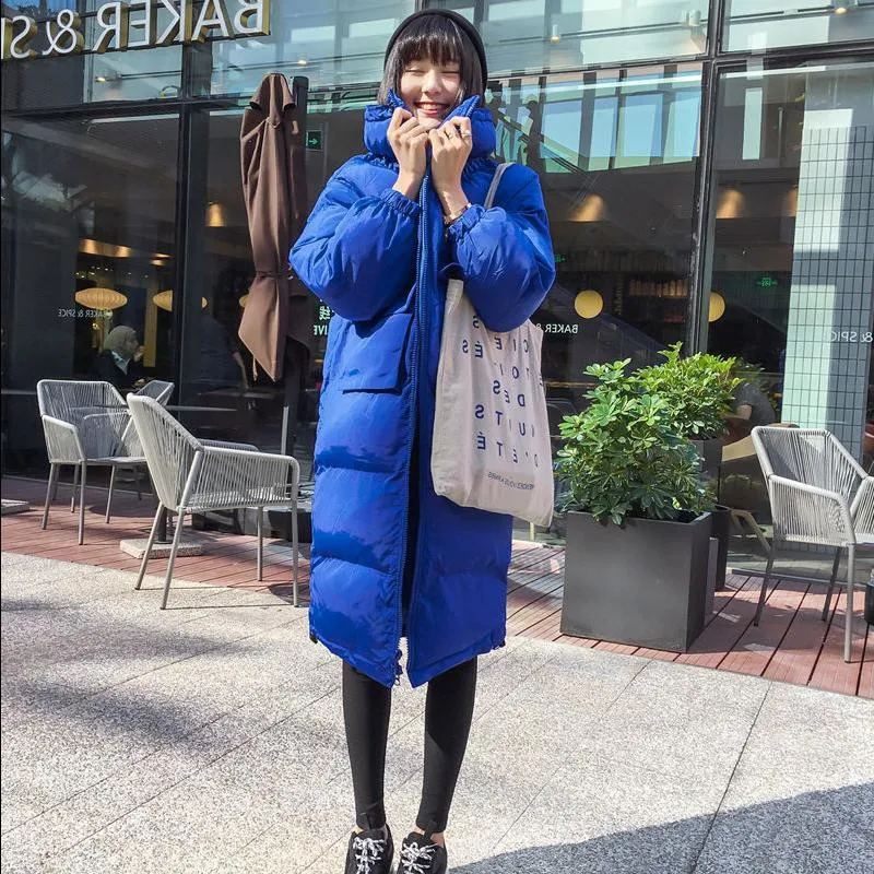 Harajuku модные повседневные свободные зимние куртки с карманами, женские длинные стеганые пальто со стоячим воротником, Женская однотонная парка, топ, большие размеры, f2194