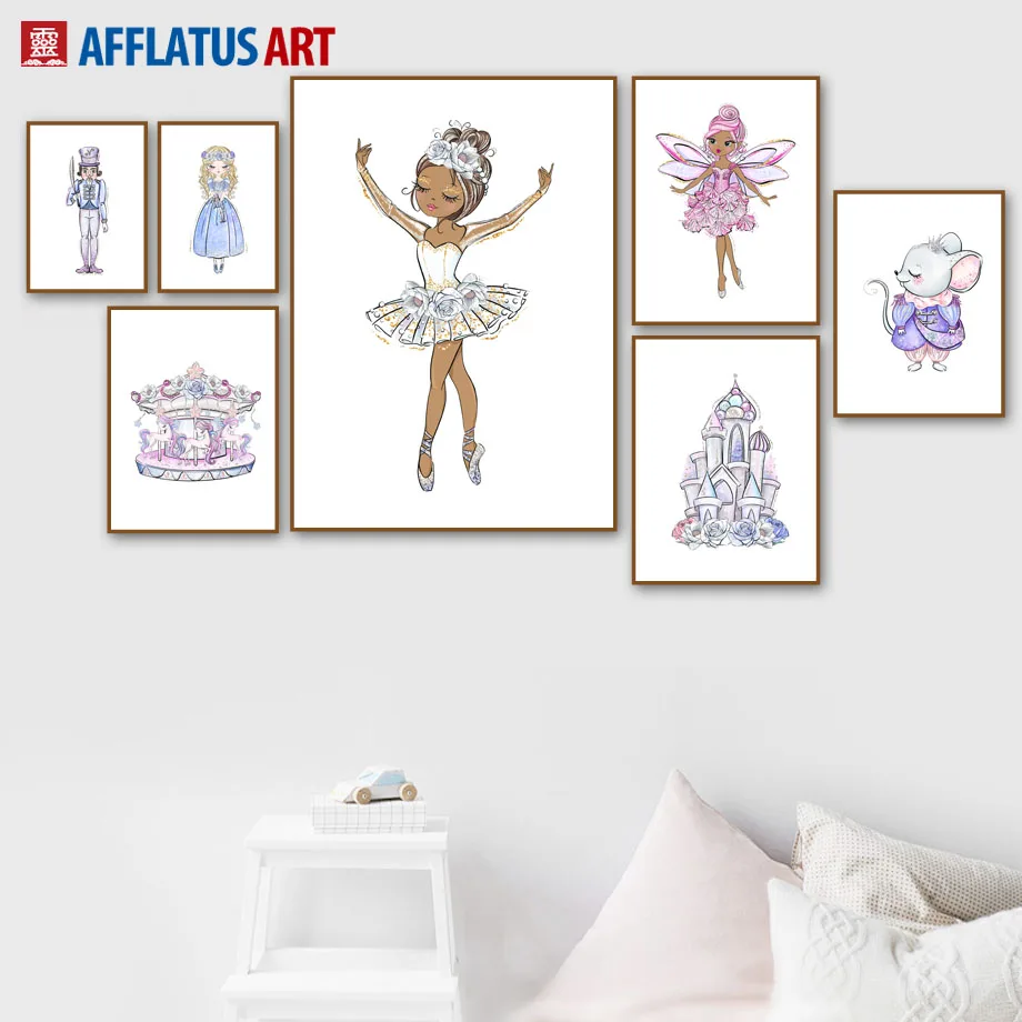 

Cartoon Ballet Girl Princess Castle Elf Mouse Wall Art Canvas Painting Nordic Posters And Prints Wall Pictures Kids Room Decor