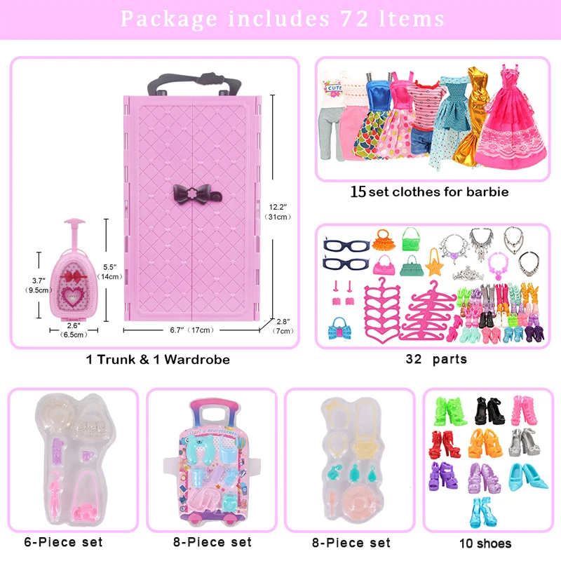 72 Pcs/Set Barbiees Doll Clothes Accessories=Wardrobe Shoe Rack Suitcase Clothes Hangers Shoes Random Bag glasses