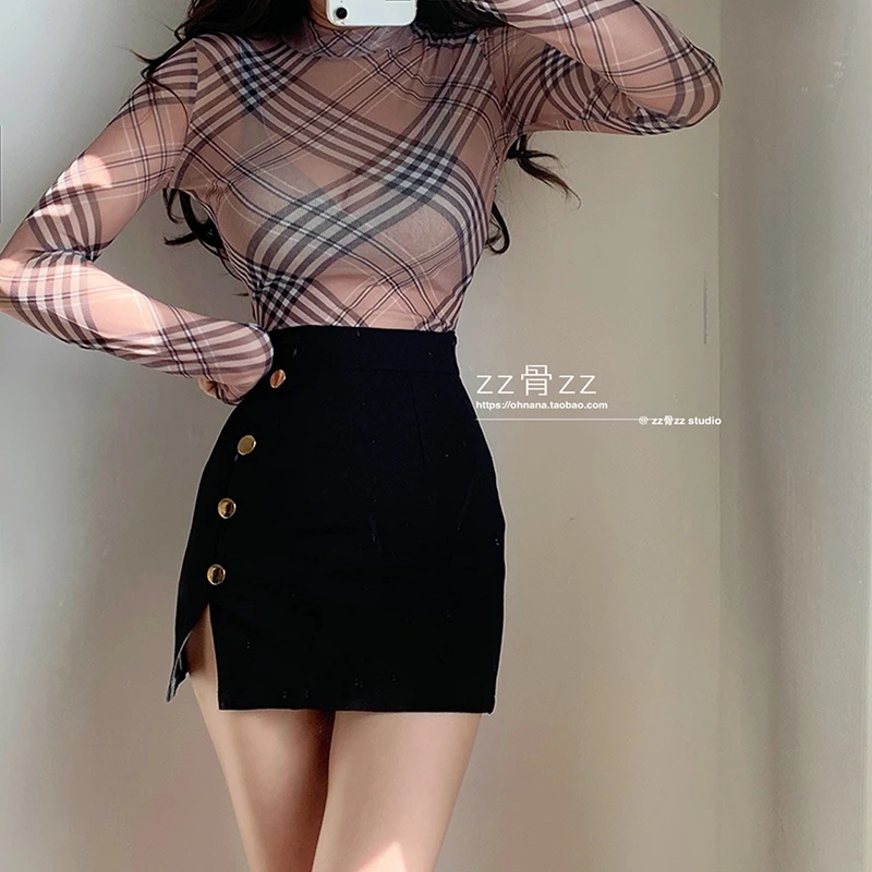 lace bodysuit WOMENGAGA Plaid Printed Round Neck Slim Perspective Elastic Full Sleeve Summer Tops Sexy Hot Women Rompers Skinny Bodysuits QA84 mesh bodysuit