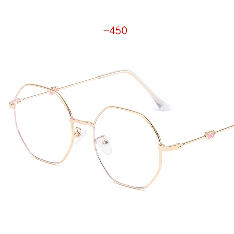 UVLAIK Двойное сердце близорукость очки ретро неправильный многоугольник Рамка Близорукость готовые очки металлические оправы очки для близоруких - Цвет оправы: Gold -450