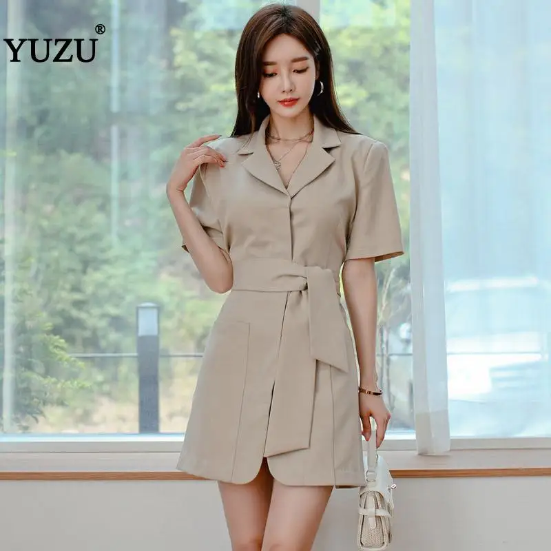 

Khaki Blazer Dress Women Office Work Single Breasted Solid Short Sleeve Backless Belt Lacing Up Turn-down Collar Mini Dress