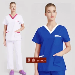 Plug Size Medical Clothes Women Scrub Set Contrast Color V Neck Scrub Top Short Sleeve Cotton Scrub Pants Fashion Nurse Uniform
