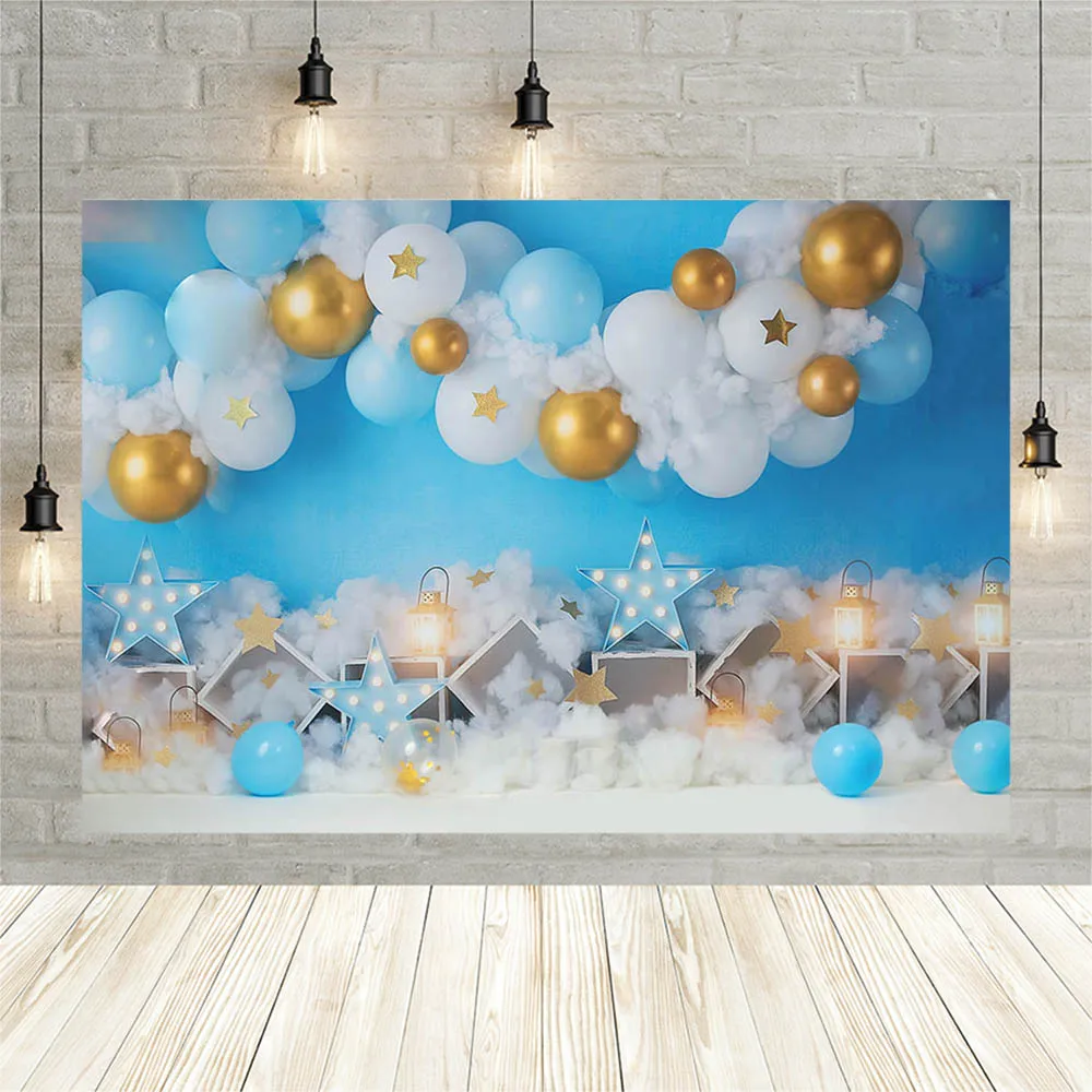 

Blue Newborn Cake Smash Backdrop Gold Balloon White Clouds Glitter Star Baby Birthday Party Photography Background Photo Studio