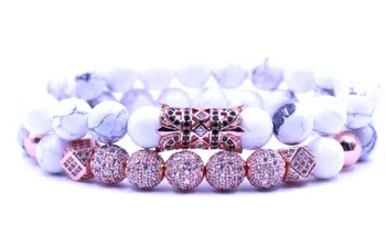 

8mm 2PCS/Set rose gold tdsrf2 elastic adjusted nature white Howlite bead micro pave cz zircon cubic zirconia tube Bracelet