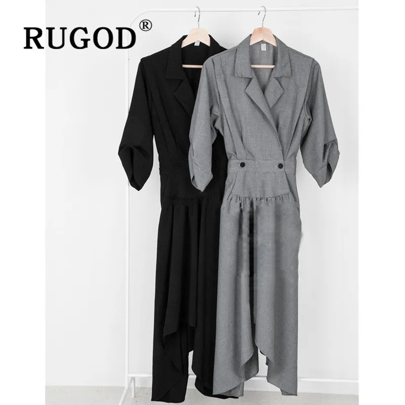 RUGOD, новинка, женское асимметричное платье, с зубчатым воротником, туника, тонкая, Irregualar Vestidos, корейское, шикарное, темпераментное, осеннее платье