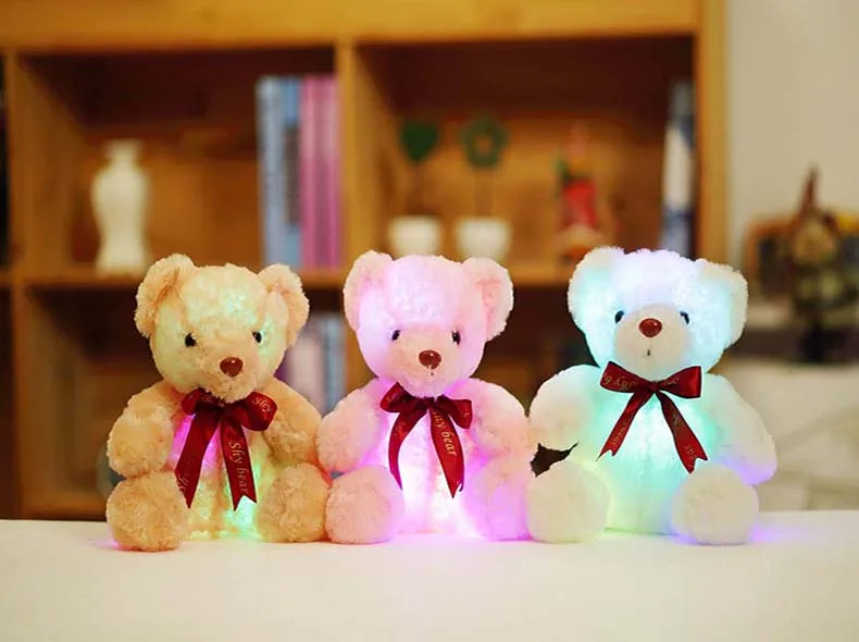 Urso de Pelúcia Brinquedos de Pelúcia Sentado Kawaii Brilhante Luminosa Led Luz Adorável Pessoal Arco Urso Bonecas Crianças Meninas Aniversário gi 1 Pçs 25cm 10 High Quality Brinquedos e hobbies