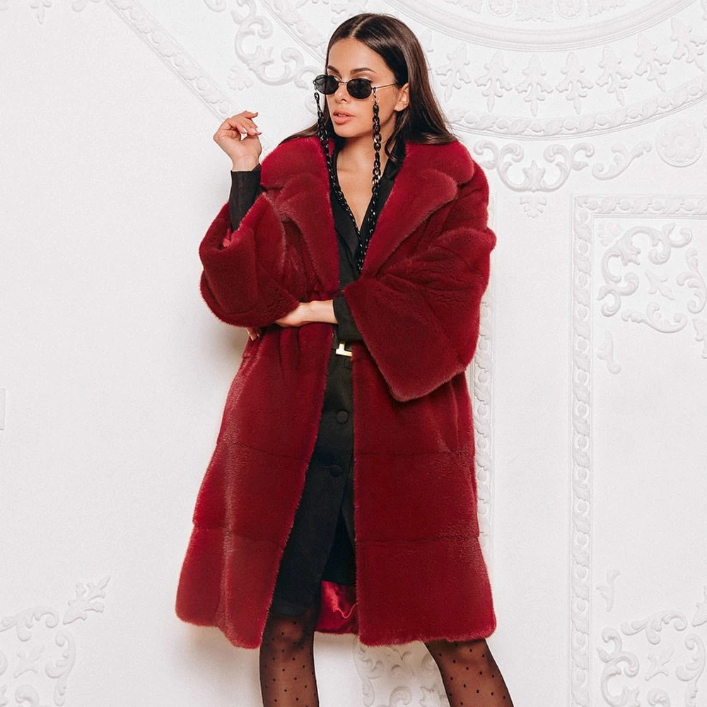 Wine Red Long Real Mink Fur Coats for Women Fashion Winter New High Street Woman Casual Genuine Mink Fur Coat Turn-down Collar