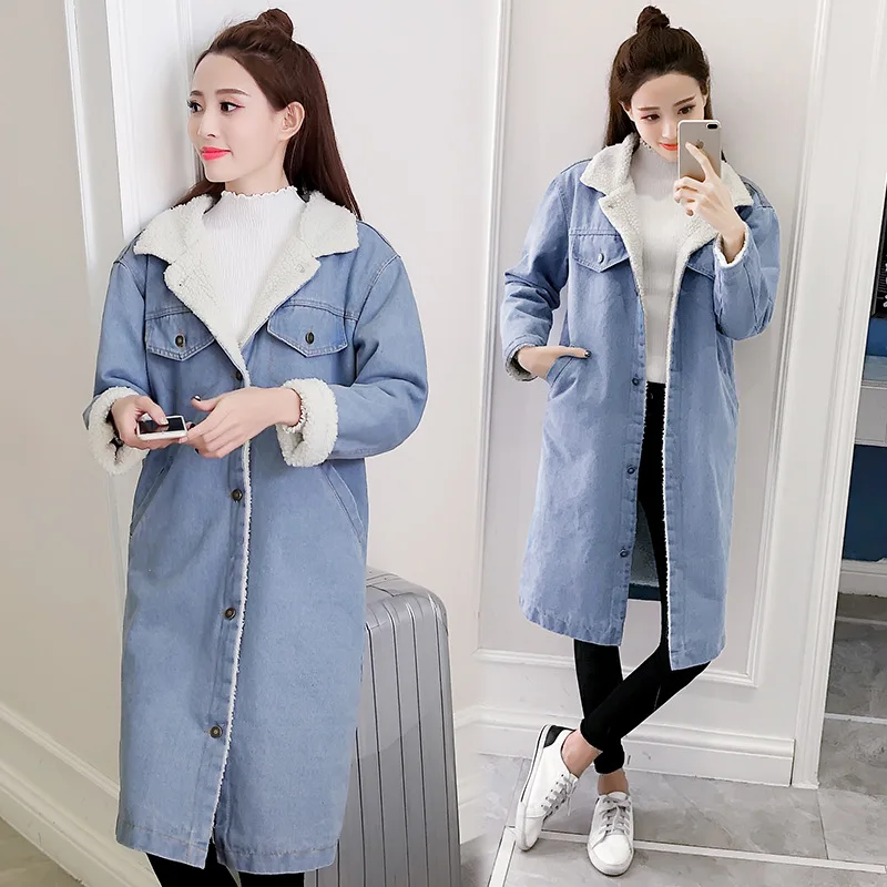 

2019 autumn and winter new lamb hair plus velvet thickening denim windbreaker long denim coat jacket female